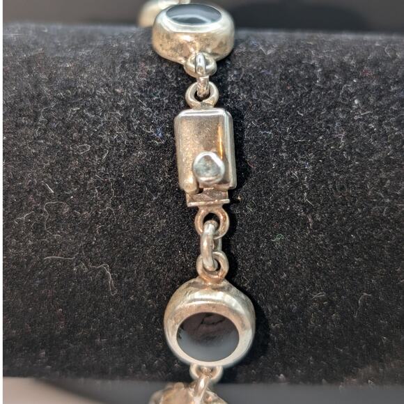 925 Sterling Silver Mexico Black Onyx Box Clasp Vintage Bracelet - Picture 2 of 7
